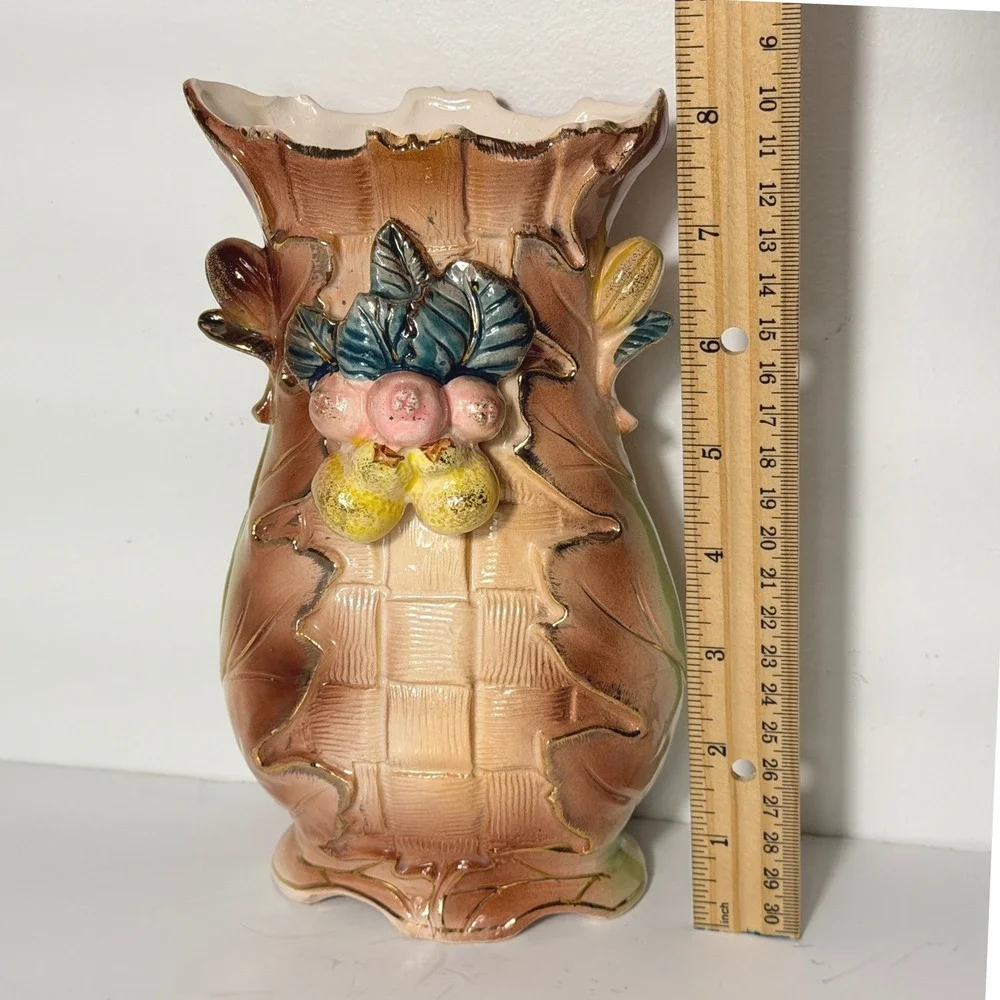 Vintage Majolica-Style Ceramic Fruit Vase Basket Weave Gold Trim 8 Inch